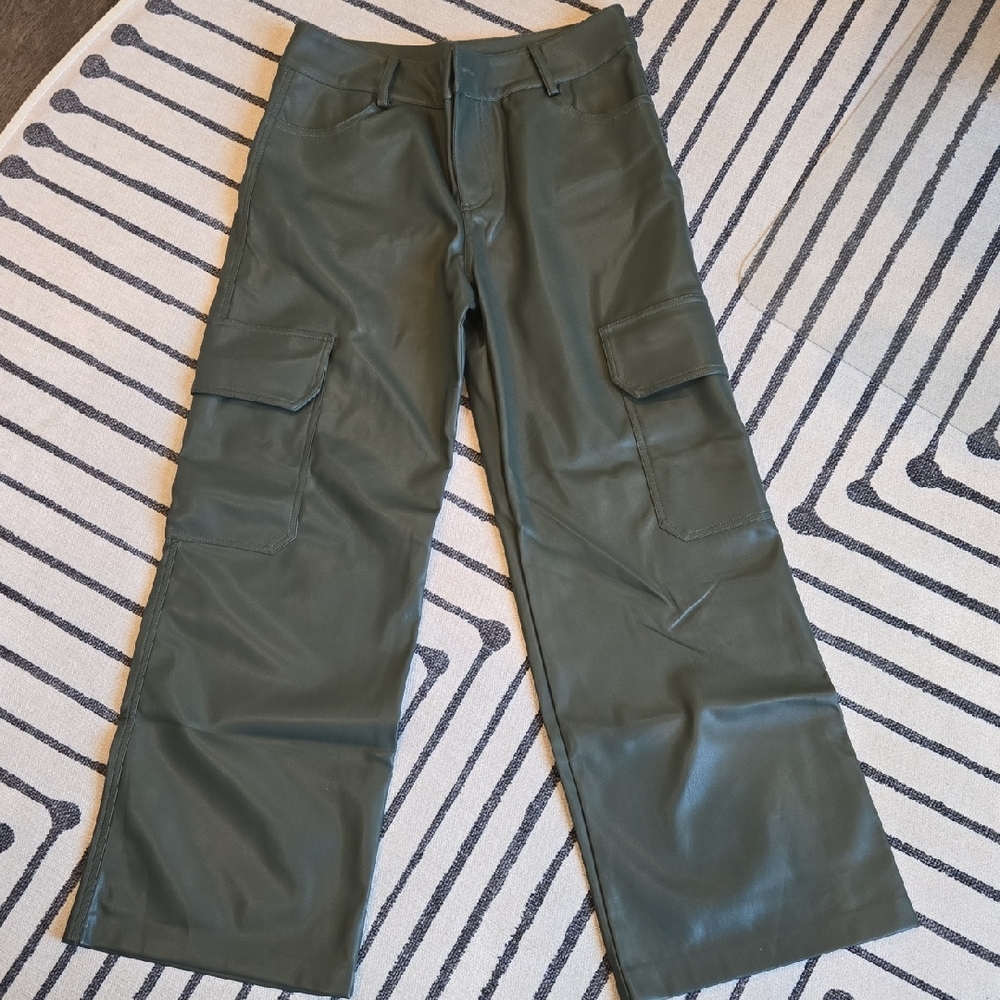 Olive Green Faux Leather Cargo Pants